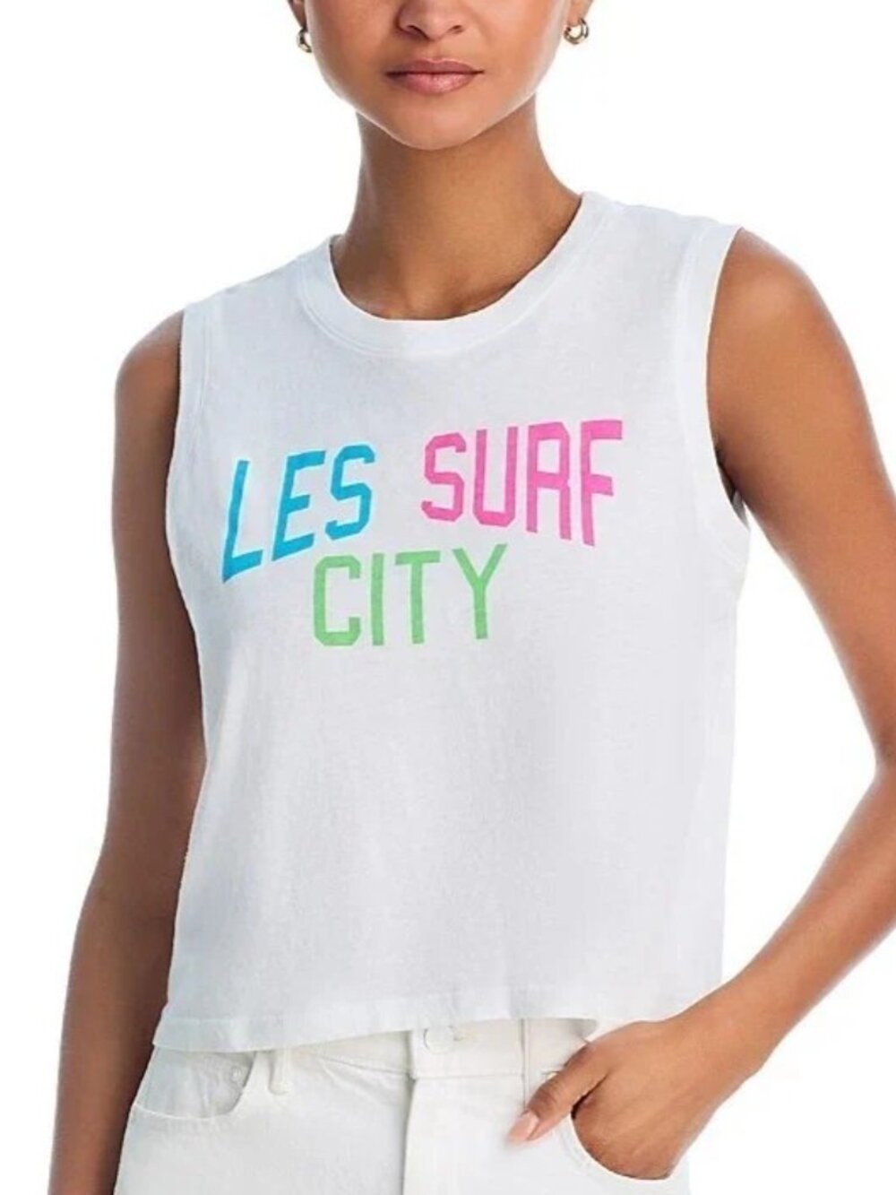 NWT MOTHER The Strong and Silent Sleeveless Graphic Tee, White, Size XS